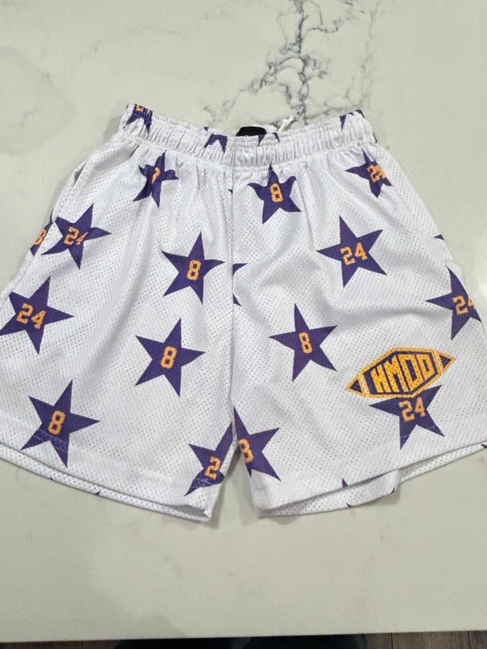 HMDD Men's Mesh Kobe  Basketball Shorts White Purple Yellow Stars Numbers Medium